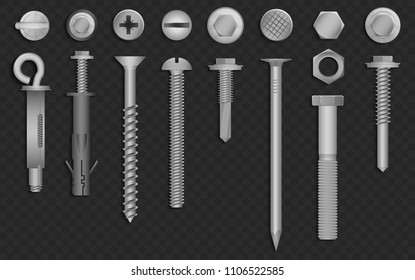 Realistic 3d vector screws, nuts, bolts, rivets and nails for fastening and fixing on black alpha transperant background.