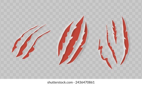 Realistic 3D Vector Set Featuring Fierce Red Claw Scratch Marks, Conveying Intensity And Motion. Slim, Extended Scars