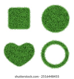 Realistic 3d vector set of green grass in different shapes in top view. Square, round, heart and circle shapes with grass texture on isolated white background. Nature ecology grassy design.