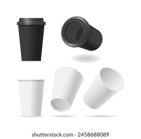 Realistic 3d Vector Set Of Paper Coffee Cups Various Views, Showcasing Different Angles Including A Standard Upright