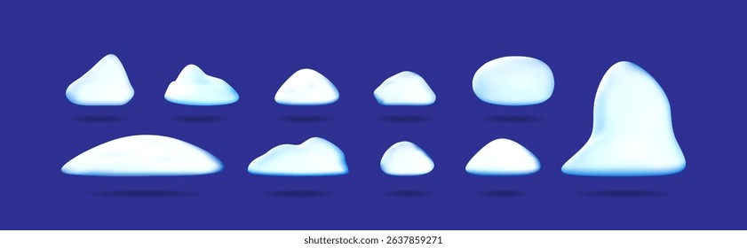 Realistic 3d vector set of snowdrift or snow mound for winter scene. Different shapes of snow pile for landscape design.