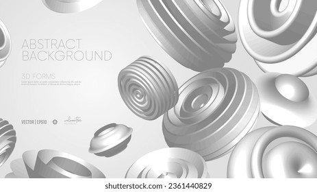 Realistic 3D vector shapes, flying abstract geometric volumetric white different shapes in motion, futuristic composition on blue background for presentations with empty space