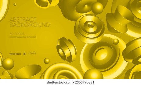 Realistic 3D vector shapes, flying abstract geometric volumetric yellow different shapes in motion, futuristic composition on blue background for presentations with empty space