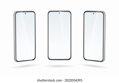 Realistic 3d vector smartphone in front, right and left perspective view. Mobile phone with blank screen isolated on white background.