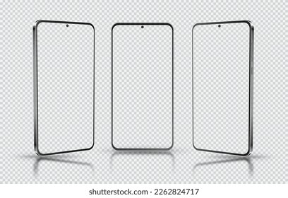 Realistic 3d vector smartphone. Smart phone with empty screen isolated on transparent background. Front, right and left perspective view of mobile phone.