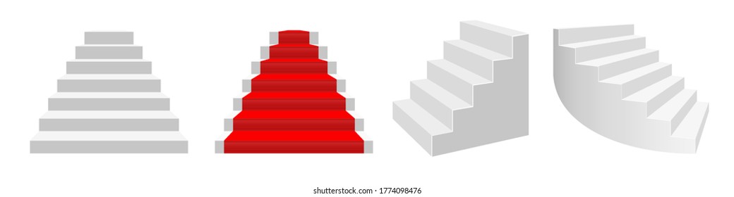 Realistic 3D vector staircases. Front view, front view with a red carpet, half-turn white stairs, curved bent staircase.