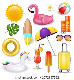 Realistic 3D vector summer holidays symbols objects set.