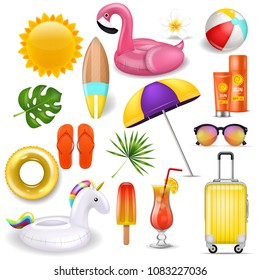 Realistic 3D vector summer holidays symbols objects set.