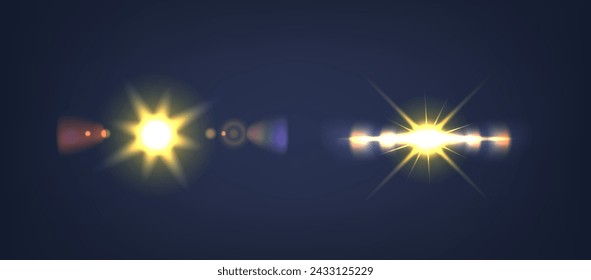 Realistic 3d Vector Sunlight Glare Effect, Lens Flares, Shiny Bursts, And Vibrant Glows, Evoking Energy And Starlight