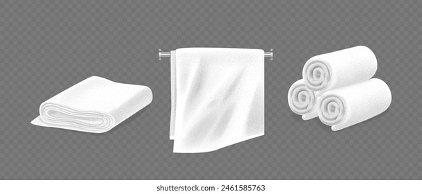 Realistische 3D-Vektorgrafik Frottiertücher, gefaltet, an einer Schiene hängend und aufgerollt. Betonung auf Sauberkeit und Weichheit