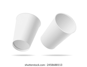 Realistic 3d Vector Two White Paper Coffee Cups Suspended In Mid-air, Emphasizing Modern Minimal Aesthetic