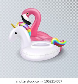 Realistic 3D Vector Unicorn And Pink Flamingo Float Inflatable Swimming Pool.