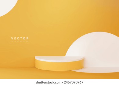 Realistic 3d vector yellow podium in corner room design for web or social media are available for use on online shopping websites or in social media advertising.