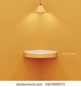 Realistic 3d vector yellow podium in corner room with hanging lamp design for web or social media are available for use on online shopping websites or in social media advertising.