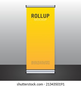 Realistic 3D vertical roll up banner stand template design. Realistic advertising billboard banners.