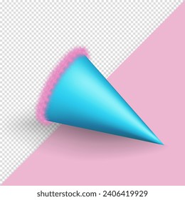Realistic 3d vibrant blue Birthday party hat with pink fluffy fur isolated on transparent background. Cute party cone, paper cap  for festival, carnival, celebration event