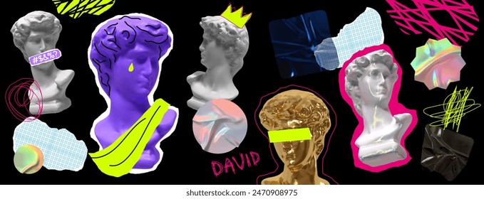 Realistic 3d vibrant collage of Michelangelo's David busts in various colors and abstract elements, including neon squiggles and holographic shapes on black background. Vector illustration