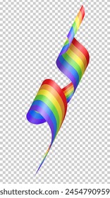 Realistische 3D-lebendige Regenbogen-Streamer, Coil-Band-Serpentin auf transparentem Hintergrund. Fallende glänzende Spirale gelockte Flitter, festliches Konfetti oder lebhaftes Band mit LGBT-Fahne Muster für Pride Monat