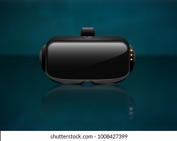 Realistic 3d Virtual Reality Headset Box Closeup front View. Futuristic Innovation digital cyberspace Technology Simulation Symbol. Vector stereoscopic vr mask device on green blue background