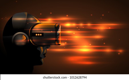 Realistic 3d Virtual Reality Headset Box. Futuristic Innovation digital cyberspace Technology Simulation. Vector silhouette girl wearing stereoscopic vr mask device. Orange glow light background