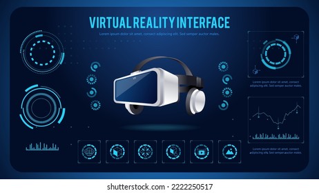 Realistic 3d Virtual Reality headset. Futuristic display interface with data elements