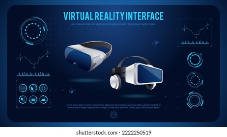 Realistic 3d Virtual Reality headset. Futuristic display interface with data elements