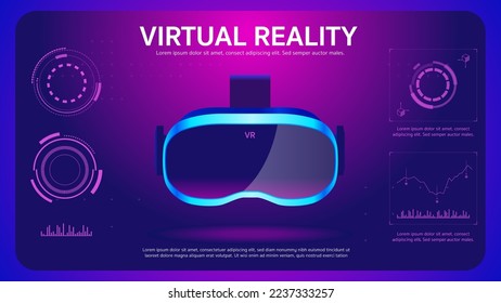 Realistic 3d Virtual Reality headset. Futuristic display interface with data elements