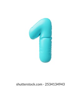 Realistic 3D volume blue inflated balloon number one. Vector numeric symbol 1. Render typing symbol from air balloon, puffy shape font icon. Kids arithmetic education. Cartoon typographic count object