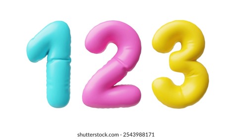 Realistische 3D-Volumen bunte aufgeblasenen Ballon ein, zwei, drei Zahlen. Vektor 1 2 3 numerische Symbole. Symbol für die Anzeige der Anzahl der Render in einem Luftballon, in einer kuscheligen Schriftart. Arithmetische Bildung für Kinder