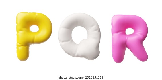 Realistic 3D volume inflated balloon multicolored P Q R uppercase letters of English alphabet. Vector render type symbol from air balloon, puffy shape font icon. Stylized typographic object