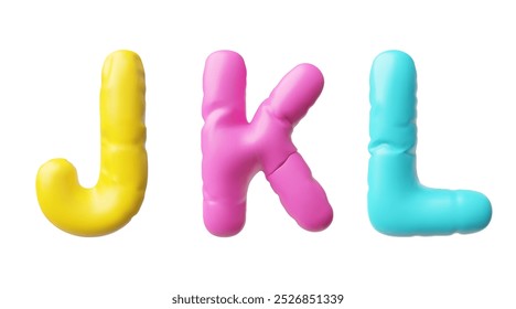 Realistic 3D volume inflated balloon multicolored J K L uppercase letters of English alphabet. Vector render type symbol from air balloon, puffy shape font icon. Stylized typographic object