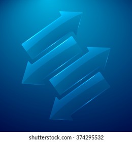 realistic 3d volumetric blue transparent gradient arrow with text on dark blue background vector illustration set