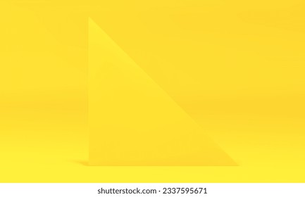 Realistic 3d wall bright yellow triangle geometric shape backdrop with three corners vector illustration. Modern minimalist vibrant triangular geometry form angular interior decor element