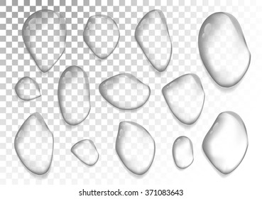 realistic 3d water droplets on a transparent background. Liquid drops vector image illustration set.Web design,icon page element.