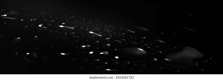 Realistic 3D water drops on black surface. Vector illustration of rain droplets, morning dew, aqua spray spots sprinkled on car hood or glass backdrop. Wet texture, light reflection in liquid blobs svg