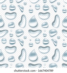 El agua 3d realista cae en un patrón sin fisuras. Gotas vectoriales transparentes azules, condensación o fondo inagotable de rocío