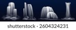 Realistic 3d waterfall cascades set - various water streams pouring down, falling jets with fog. White liquid fountains, flowing cataracts with splashes and smoke, natural water element design.