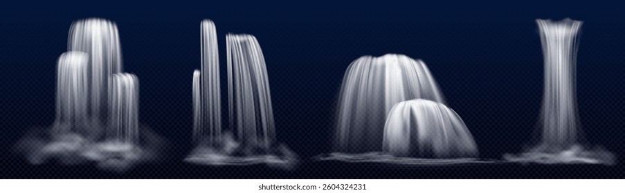 Realistic 3d waterfall cascades set - various water streams pouring down, falling jets with fog. White liquid fountains, flowing cataracts with splashes and smoke, natural water element design.