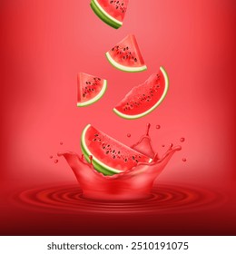 Fatias 3D realista queda de melancia caindo em suco vermelho salpicam em fundo vermelho. Líquido de fruta 3D. Elemento de design para anúncios.