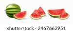 Realistic 3D watermelon. Set of whole, slice, piece of watermelon isolated on transparent background.