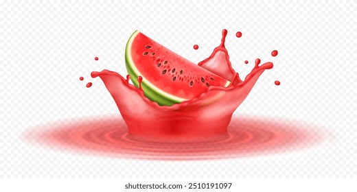 Realistic 3D watermelon slice in red juice splash isolated on transparent background.