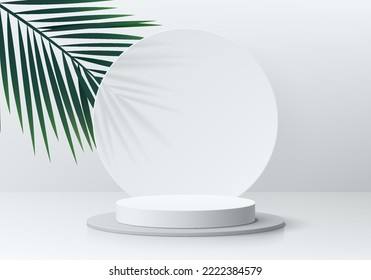 Realistic 3D white background, cylinder pedestal podium with circle backdrop and Coconut green leaf. Vector abstract geometric forms. Summer minimal scene mockup products showcase, Promotion display.