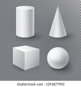 Pelota blanca 3D realista, cubo, cilindro y cono sobre fondo transparente con reflexión. Plantilla de diseño para maquetas. Ilustración del vector