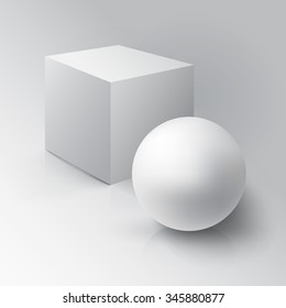 Realistic 3D White Ball and White Cube. Ball and Cube on white background with reflection. Design Template for Mock Up. Vector illustration