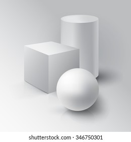 Realistic 3D White Ball, Cube and Cylinder. Ball, Cube and Cylinder on white background with reflection. Vector illustration
Design Template for Mock Up.