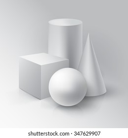 Realistic 3D White Ball, Cube, Cylinder and Cone. Ball, Cube, Cylinder and Cone on white background with reflection. 
Design Template for Mock Up. Vector illustration