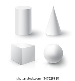 Realistic 3D White Ball, Cube, Cylinder and Cone. Ball, Cube, Cylinder and Cone on white background with reflection. 
Design Template for Mock Up. Vector illustration