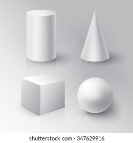 Realistic 3D White Ball, Cube, Cylinder and Cone. Ball, Cube, Cylinder and Cone on white background with reflection. 
Design Template for Mock Up. Vector illustration