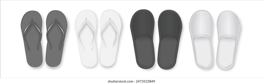 Realistic 3d White and Black Blank Empty Flip Flop Closeup Isolated on White Background. Design Template of Summer Beach Flip Flops Pair Mockup. Vector