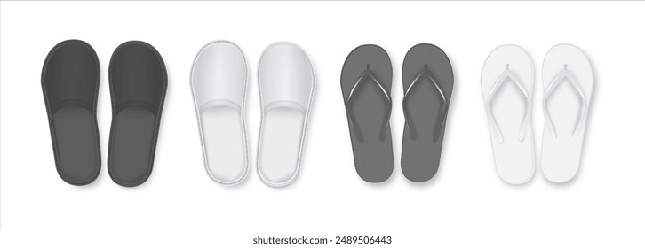 Realistic 3d White and Black Blank Empty Flip Flop Closeup Isolated on White Background. Design Template of Summer Beach Flip Flops Pair Mockup. Vector